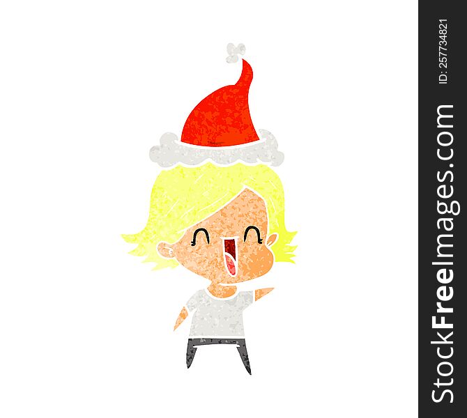 hand drawn retro cartoon of a happy woman wearing santa hat