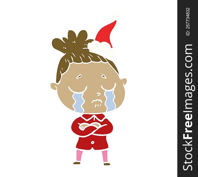hand drawn flat color illustration of a crying woman wearing santa hat
