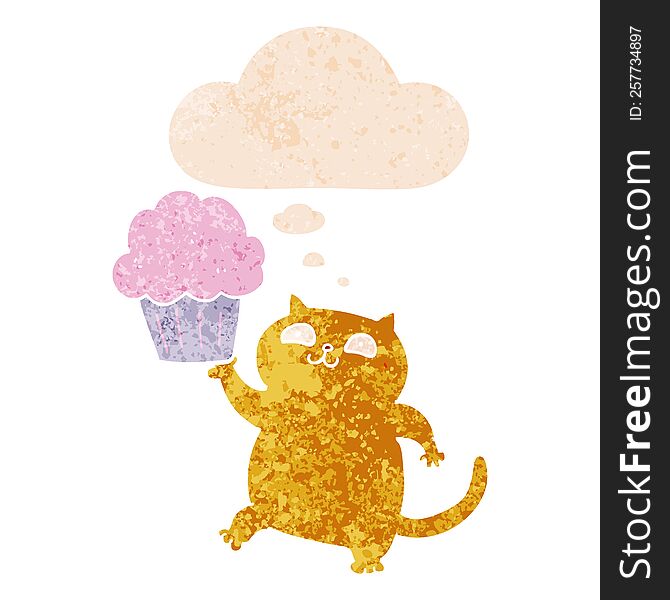 Cartoon Cat With Cupcake And Thought Bubble In Retro Textured Style