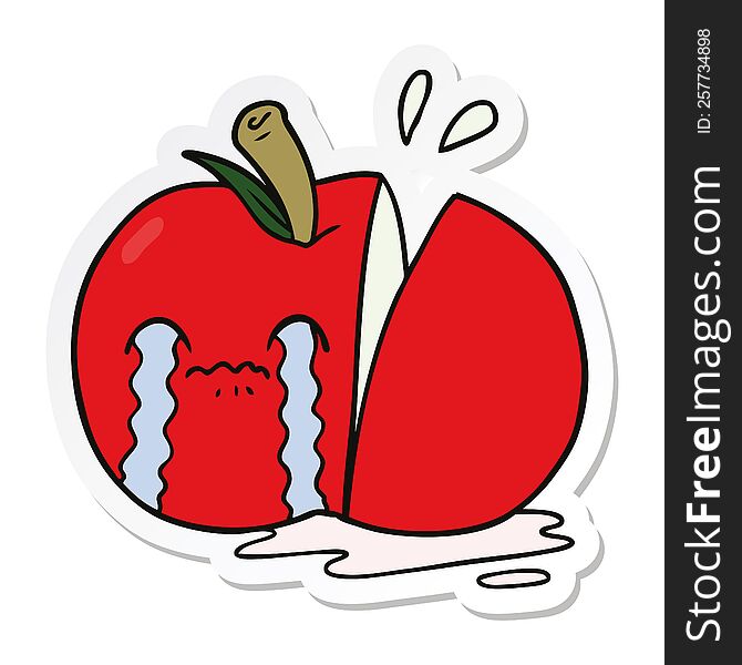 sticker of a cartoon sad sliced apple