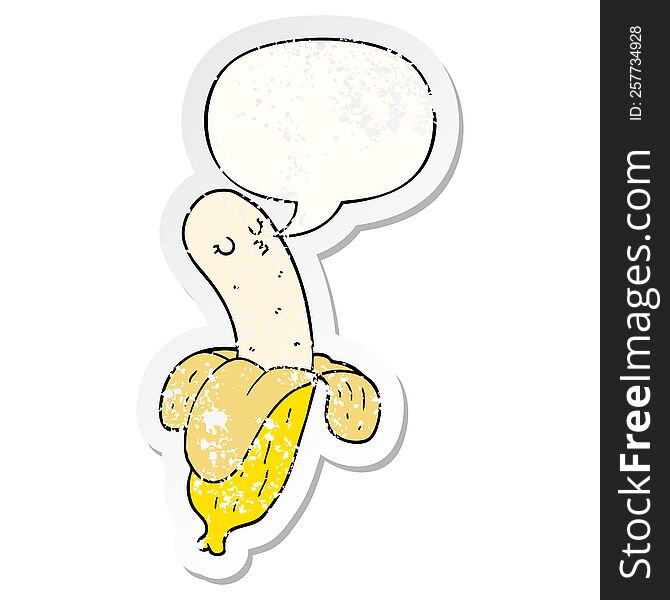 cartoon banana with speech bubble distressed distressed old sticker. cartoon banana with speech bubble distressed distressed old sticker