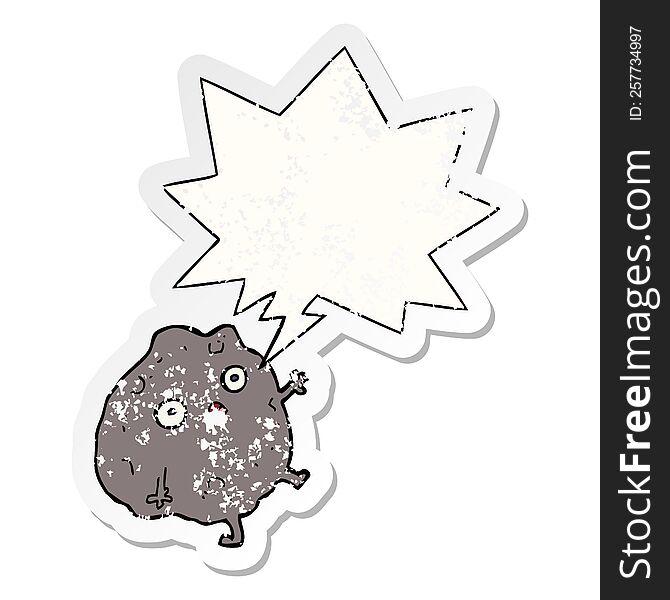 cartoon rock falling and speech bubble distressed sticker