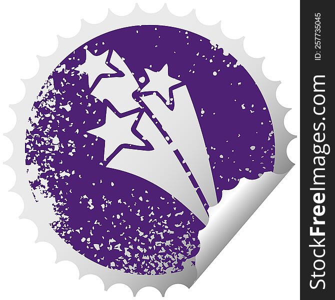 distressed circular peeling sticker symbol of a shooting stars