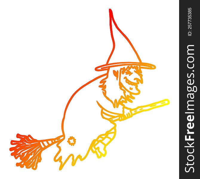 warm gradient line drawing of a cartoon witch on broom