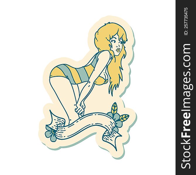 sticker of tattoo in traditional style of a pinup girl in swimming costume with banner. sticker of tattoo in traditional style of a pinup girl in swimming costume with banner