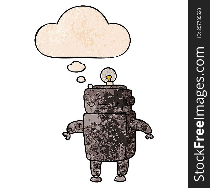 Cartoon Robot And Thought Bubble In Grunge Texture Pattern Style