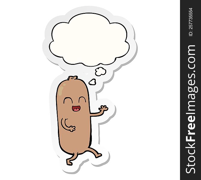 cartoon dancing sausage with thought bubble as a printed sticker