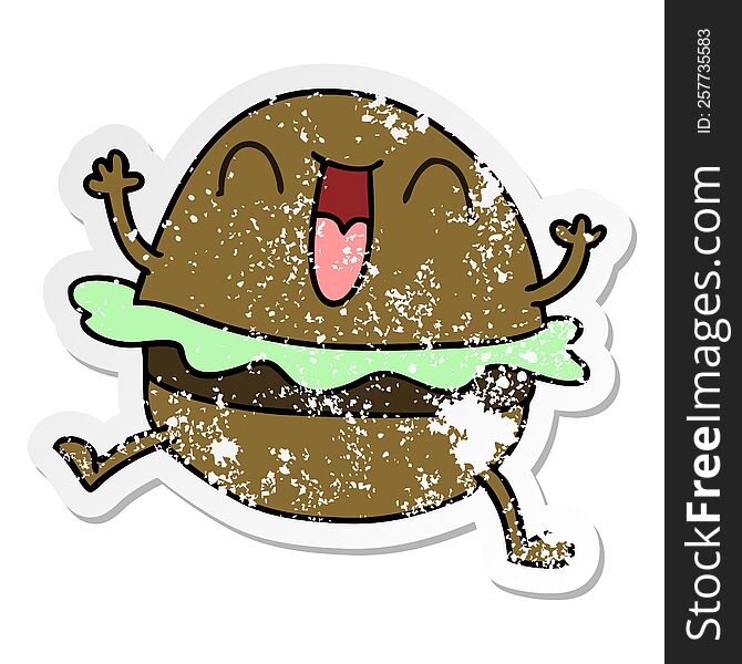 Distressed Sticker Of A Quirky Hand Drawn Cartoon Happy Burger