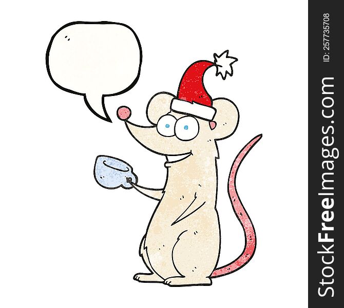 freehand speech bubble textured cartoon mouse wearing christmas hat