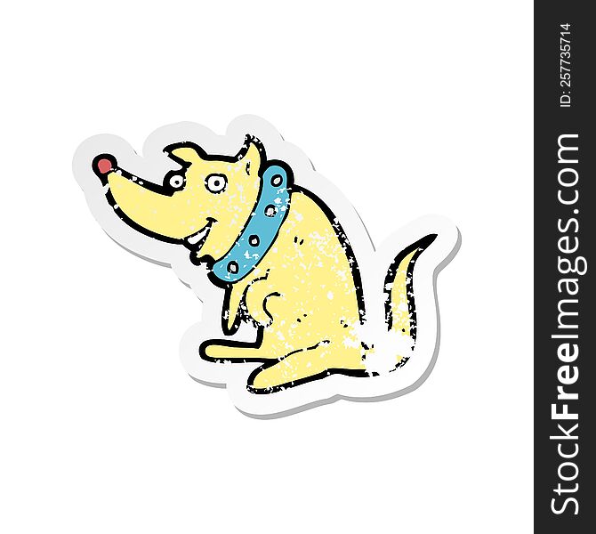 retro distressed sticker of a cartoon happy dog in big collar