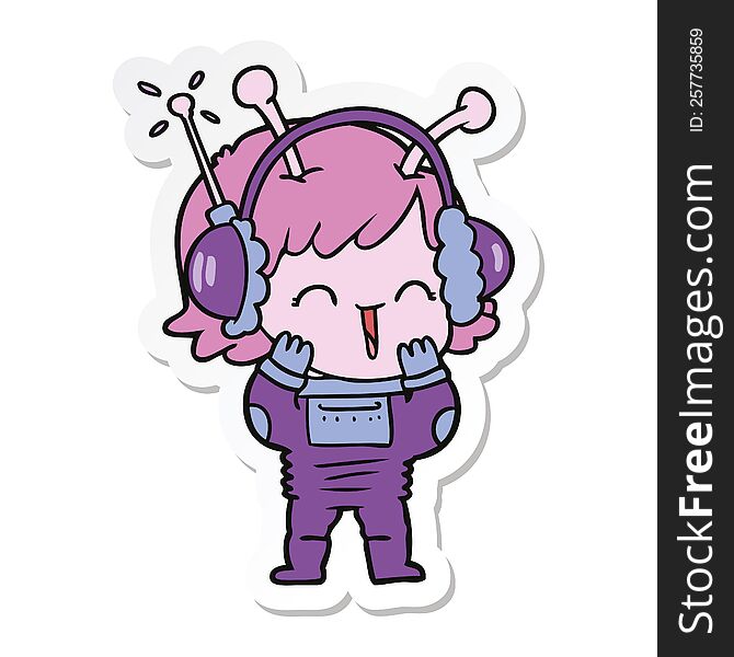 sticker of a cartoon alien girl listening to music