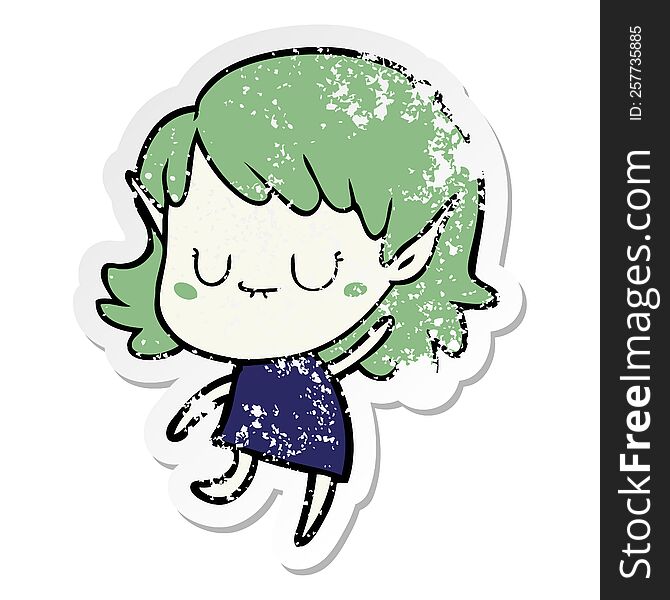 Distressed Sticker Of A Happy Cartoon Elf Girl Wearing Dress