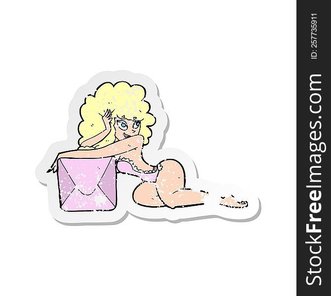 Retro Distressed Sticker Of A Cartoon Pin Up Woman With Box