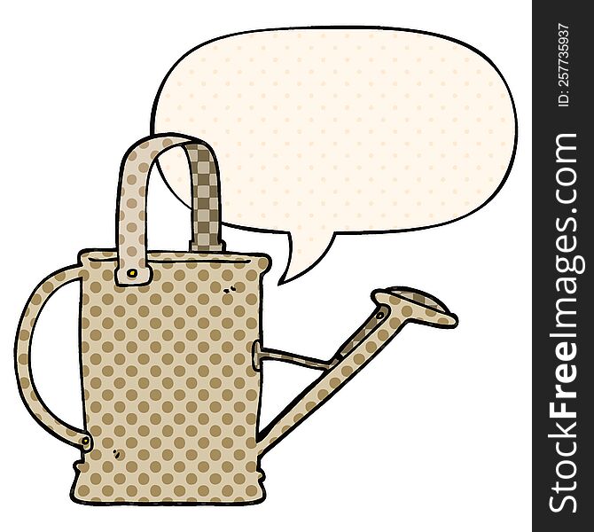 cartoon watering can with speech bubble in comic book style