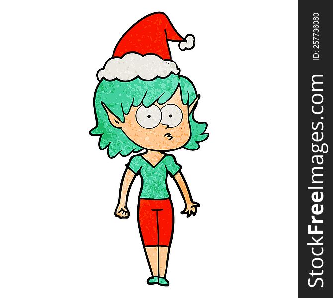 Textured Cartoon Of A Elf Girl Staring Wearing Santa Hat