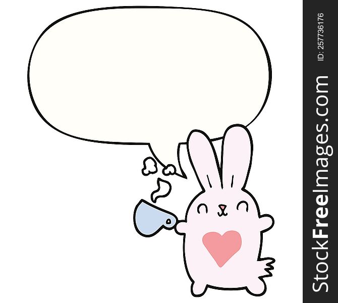 cute cartoon rabbit and love heart and coffee cup and speech bubble