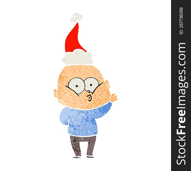 hand drawn retro cartoon of a bald man staring wearing santa hat