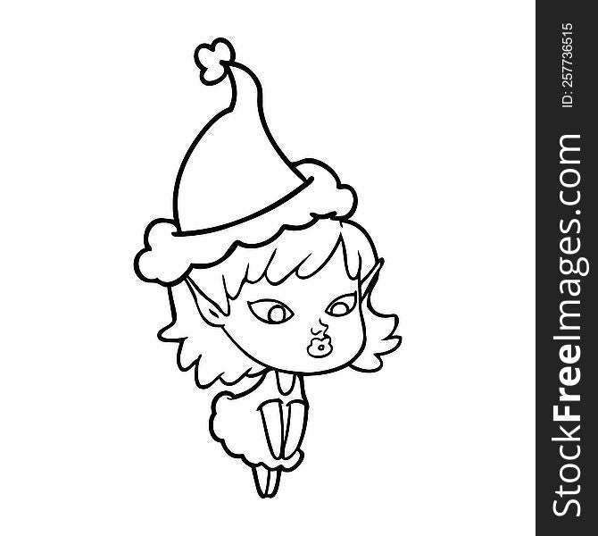 pretty hand drawn line drawing of a elf girl wearing santa hat. pretty hand drawn line drawing of a elf girl wearing santa hat