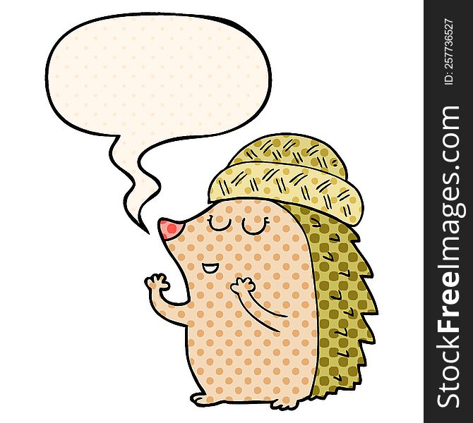 cartoon hedgehog wearing hat with speech bubble in comic book style