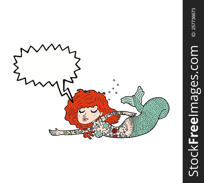 Cartoon Mermaid With Tattoos With Speech Bubble