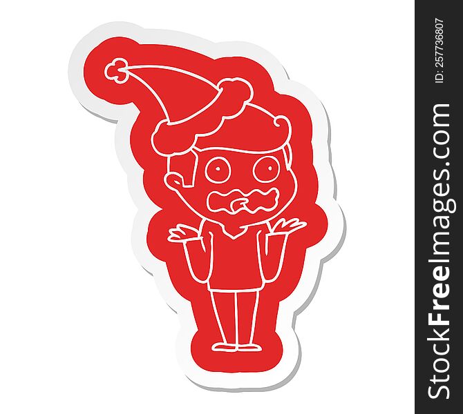 quirky cartoon  sticker of a man totally stressed out wearing santa hat