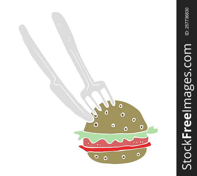 Flat Color Illustration Of A Cartoon Knife And Fork Cutting Burger