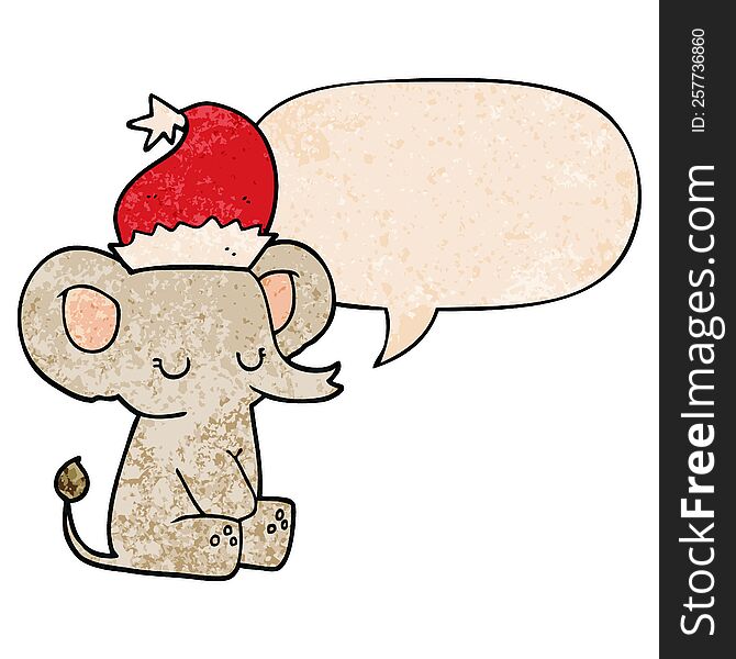 Cute Christmas Elephant And Speech Bubble In Retro Texture Style