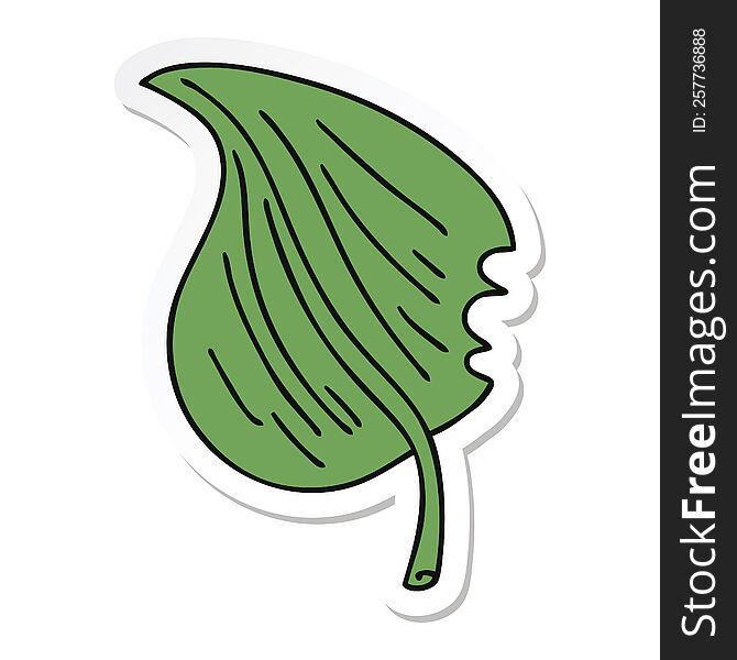 sticker of a quirky hand drawn cartoon munched leaf