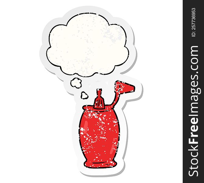 cartoon ketchup bottle with thought bubble as a distressed worn sticker