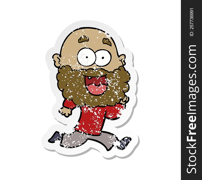 distressed sticker of a cartoon crazy happy man with beard running