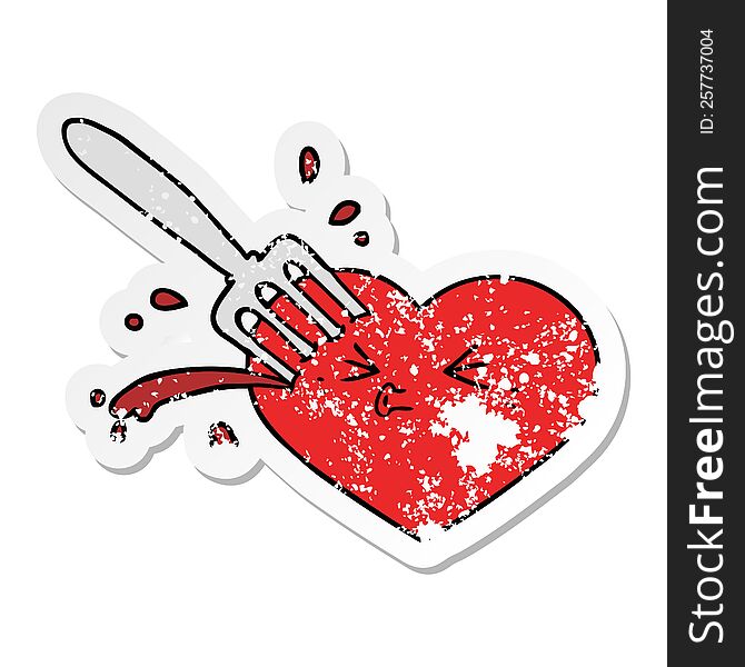 distressed sticker of a cartoon love heart stuck with fork