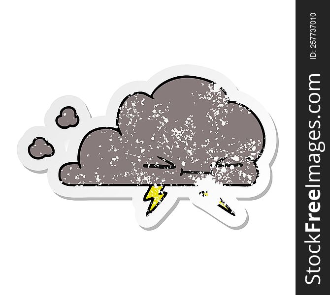 freehand drawn distressed sticker cartoon of a grumpy lightening cloud