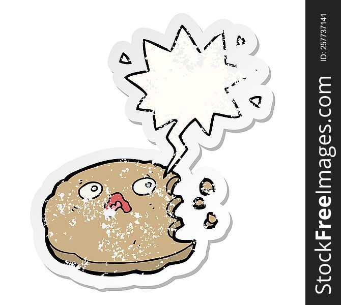 cartoon cookie with speech bubble distressed distressed old sticker. cartoon cookie with speech bubble distressed distressed old sticker