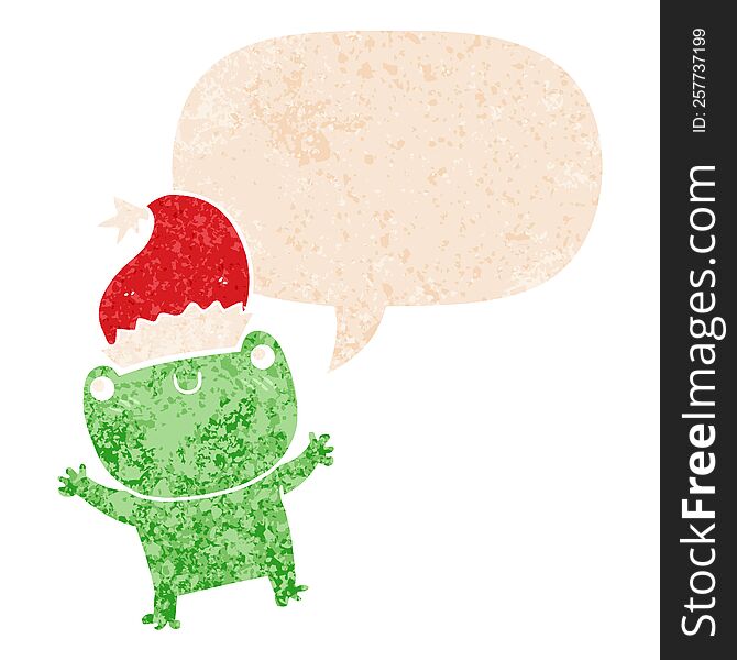cute cartoon frog wearing christmas hat with speech bubble in grunge distressed retro textured style. cute cartoon frog wearing christmas hat with speech bubble in grunge distressed retro textured style