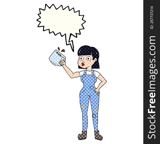 freehand drawn comic book speech bubble cartoon female worker with coffee mug