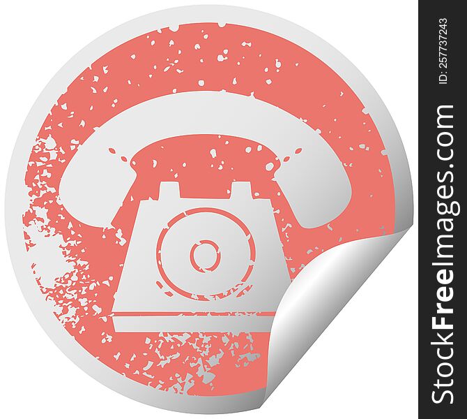 distressed circular peeling sticker symbol of a old telephone