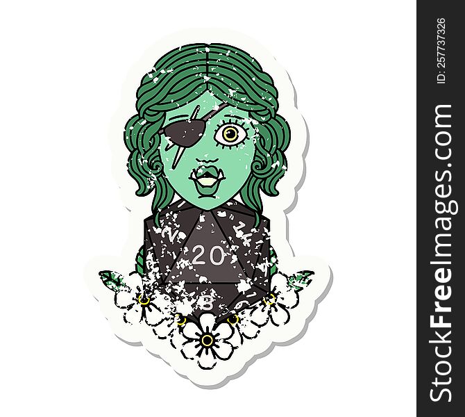 grunge sticker of a half orc rogue with natural twenty dice roll. grunge sticker of a half orc rogue with natural twenty dice roll