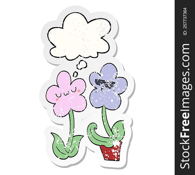 cute cartoon flower with thought bubble as a distressed worn sticker