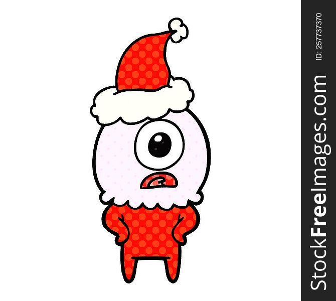 hand drawn comic book style illustration of a cyclops alien spaceman wearing santa hat