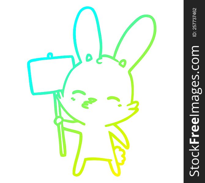 cold gradient line drawing of a curious bunny cartoon with placard
