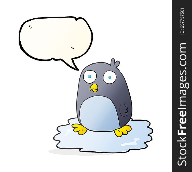 freehand drawn speech bubble cartoon penguin on ice