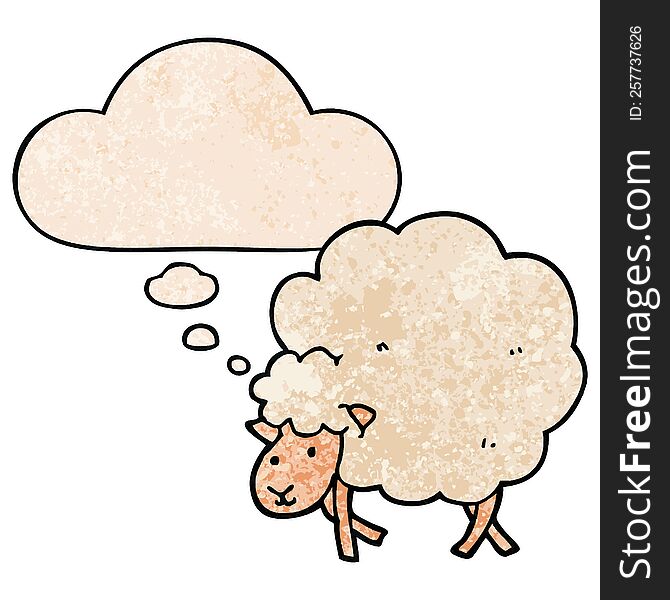 Cartoon Sheep And Thought Bubble In Grunge Texture Pattern Style
