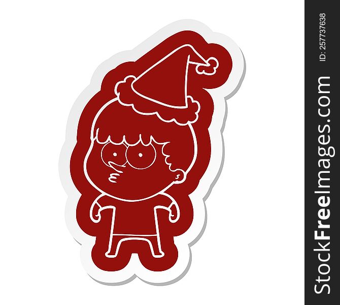 Cartoon  Sticker Of A Curious Boy Wearing Santa Hat