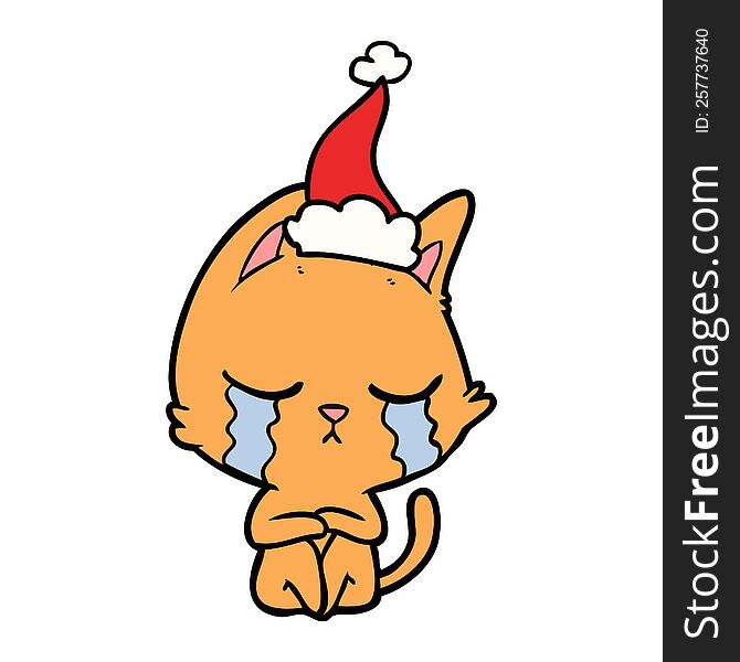 Crying Line Drawing Of A Cat Sitting Wearing Santa Hat