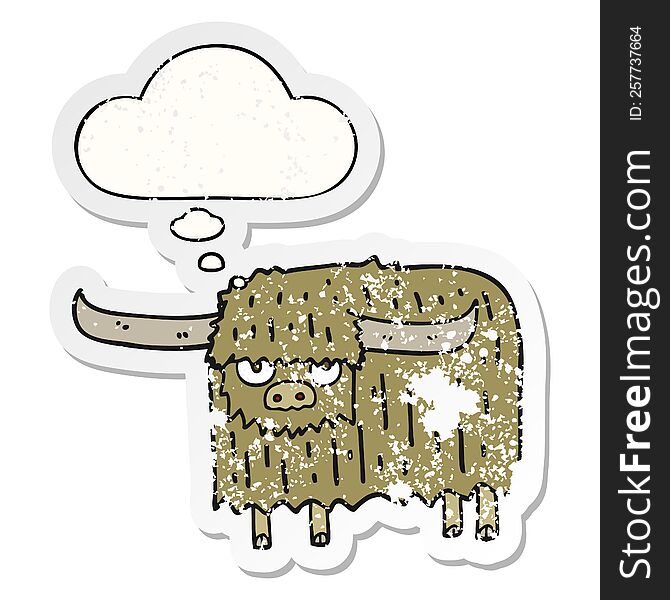 cartoon hairy cow with thought bubble as a distressed worn sticker