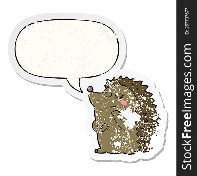 Cute Cartoon Hedgehog And Speech Bubble Distressed Sticker