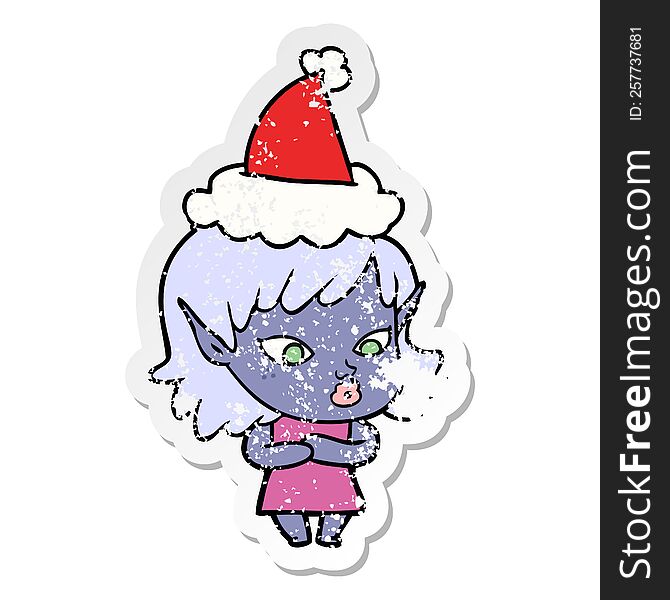 pretty hand drawn distressed sticker cartoon of a elf girl wearing santa hat