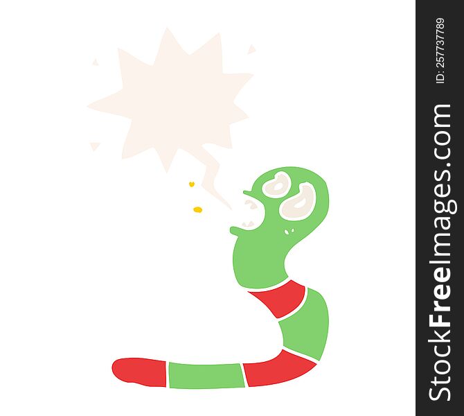 cartoon frightened worm with speech bubble in retro style