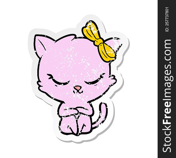 distressed sticker of a cute cartoon cat with bow