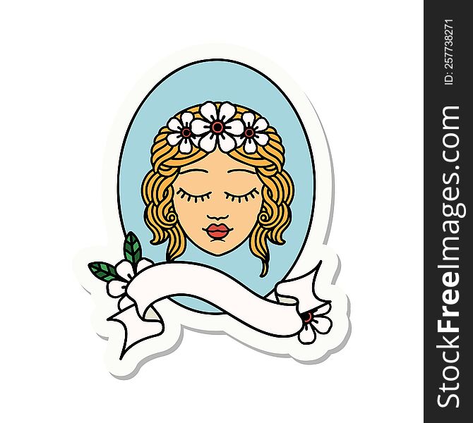 tattoo style sticker with banner of a maiden with eyes closed